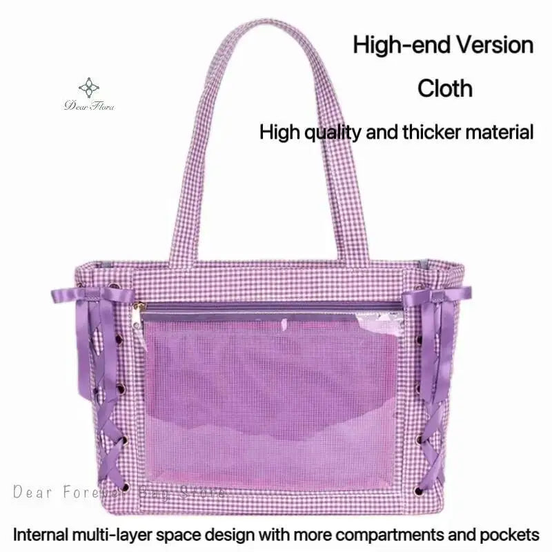 Japanese Sweet Women Ribbon Ita Bag Cute Lolita Girl Transparent Handbags Fashion Large Capacity Tote Bag Aesthetic Shoulder Bag