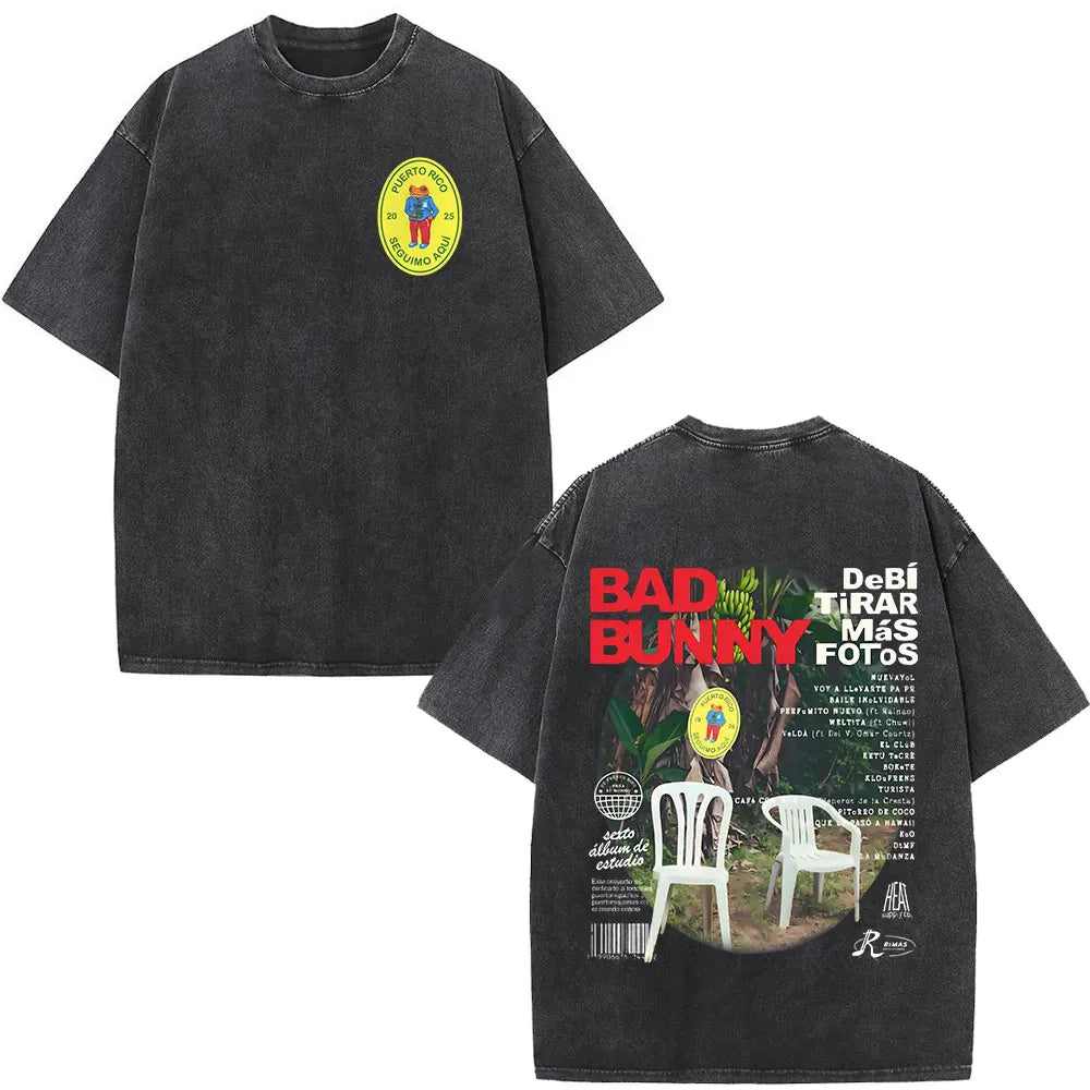 Rapper Bad Bunny Album Cover Print T-shirt Debi Tirar Mas Fotos DTMF Washed Vintage T Shirt Men Women Hip Hop Oversized T-shirts