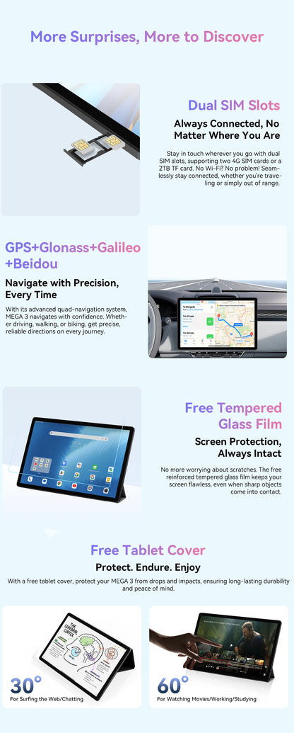 Blackview MEGA 3 Tablet PC 12.1' 2.5K FHD+ Display MTK G100 Octa Core 12GB 256GB 8800mAh 50MP Camera 33W Charger Android 15 Pad