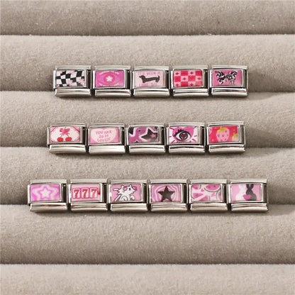 Beautiful Flower Y2K Black Star Dog Heart Pink Italian Charm Link Fit 9mm Stainless Steel Sweet Bracelet Jewelry Making DIY Gift