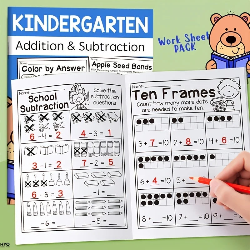32-Page Interactive Math Learning Workbook with Addition & Subtraction Worksheets, Crossword Puzzles, Colorful Math Activities