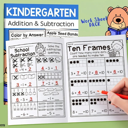 32-Page Interactive Math Learning Workbook with Addition & Subtraction Worksheets, Crossword Puzzles, Colorful Math Activities