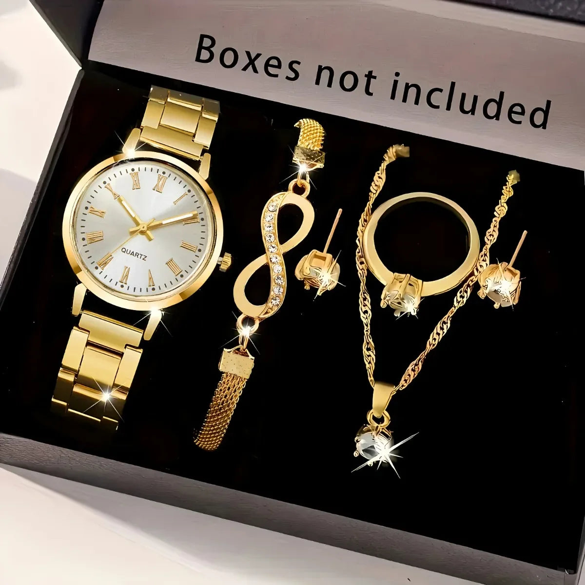6PCS Women Watch Jewelry Set - Fashion Quartz Watch + Crystal Infinity Bracelet Necklace Earring Ring for Ladies（Without Box）
