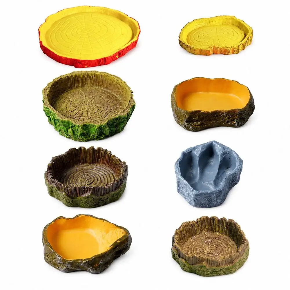 Multi-functional Reptile Feeding Bowl Multicolor Tree Stump Shape Crawler Water Basin Faux Stone Leak Proof