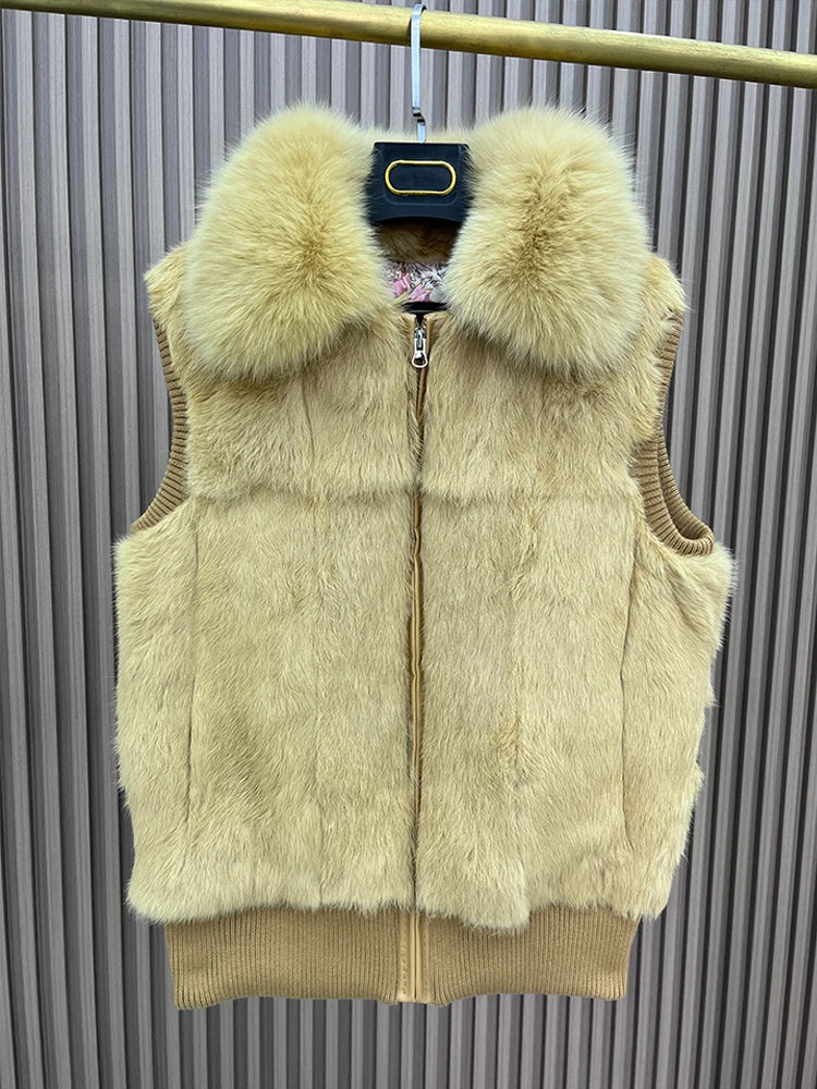 Women's Genuine Real Rabbit Fur Vest Coat Knitting Winter Fox Fur Collar Fur Jacket Casual Short Outwear Slim with Zipper