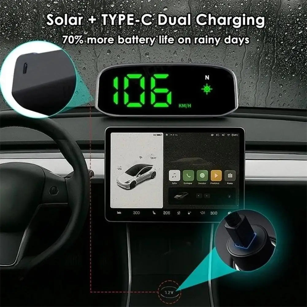 Solar HUD Head-up Display HD LED Car Speedometer Solar+Type-C Dual Charging Overspeed Alarm Safe Driving Universal Accessories