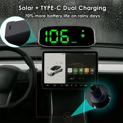 Solar HUD Head-up Display HD LED Car Speedometer Solar+Type-C Dual Charging Overspeed Alarm Safe Driving Universal Accessories