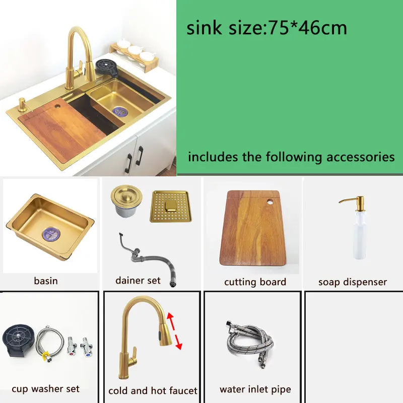 Gold Waterfall Faucet Kitchen Sink Nano Sink 304 Stainless Steel Golden Topmount Single Bowl Wash Basin 4 Function Kitchen Faucet