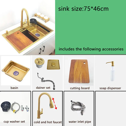 Gold Waterfall Faucet Kitchen Sink Nano Sink 304 Stainless Steel Golden Topmount Single Bowl Wash Basin 4 Function Kitchen Faucet