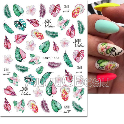 3d Nails Art Decals Spring Fruits Pink Full Tips Peony Magnolia Flowers Adhesive Sliders Stickers Decoration For Nails Manicure