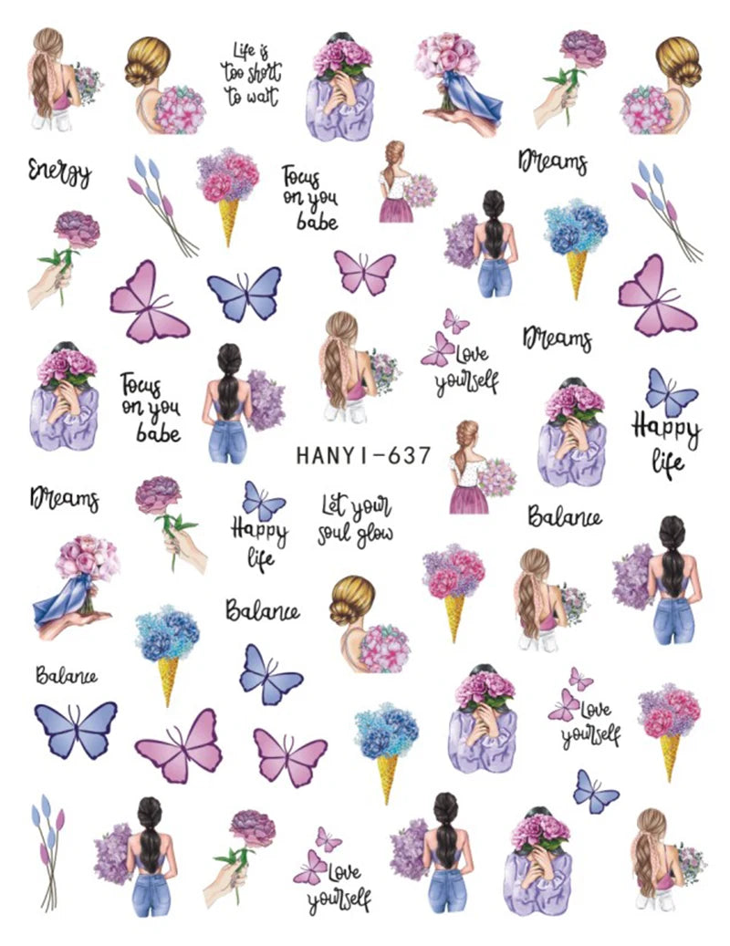3d Nails Art Decals Spring Fruits Pink Full Tips Peony Magnolia Flowers Adhesive Sliders Stickers Decoration For Nails Manicure