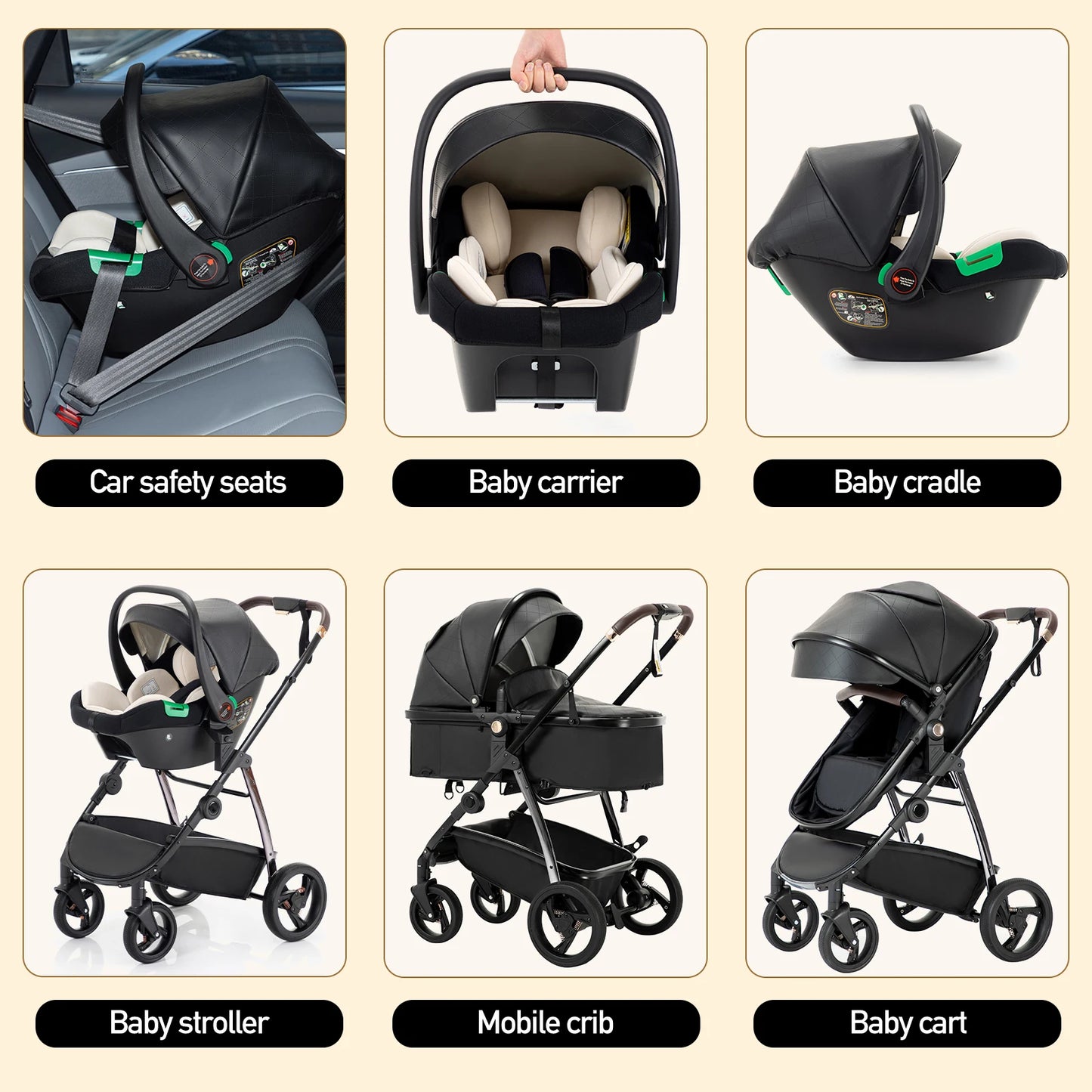 Baby stroller 3 in 1 Baby carriage Portable luxurious travel pram High landscape newborn baby stroller with baby carrier PU