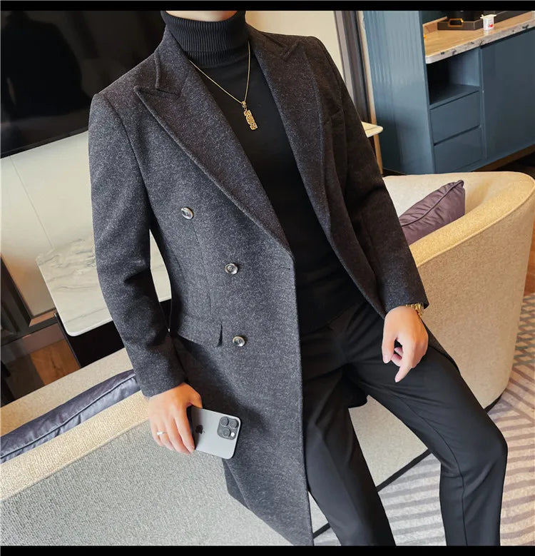 Autumn Winter Vintage Men's Woolen Long Coat Fashion Lapel High Quality Double Breasted Formal Men Slim Fit WindBreaker Overcoat
