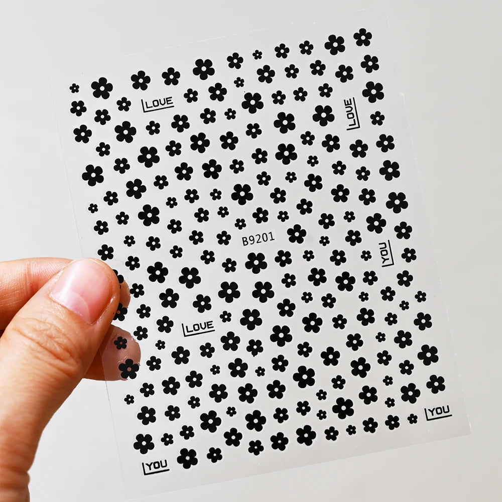1Pcs 3D Black White 5-Petal Flowers Nail Stickers Mini Florals Self-Adhesive Nail Decals Fresh Bloom Manicure Decorations Slider