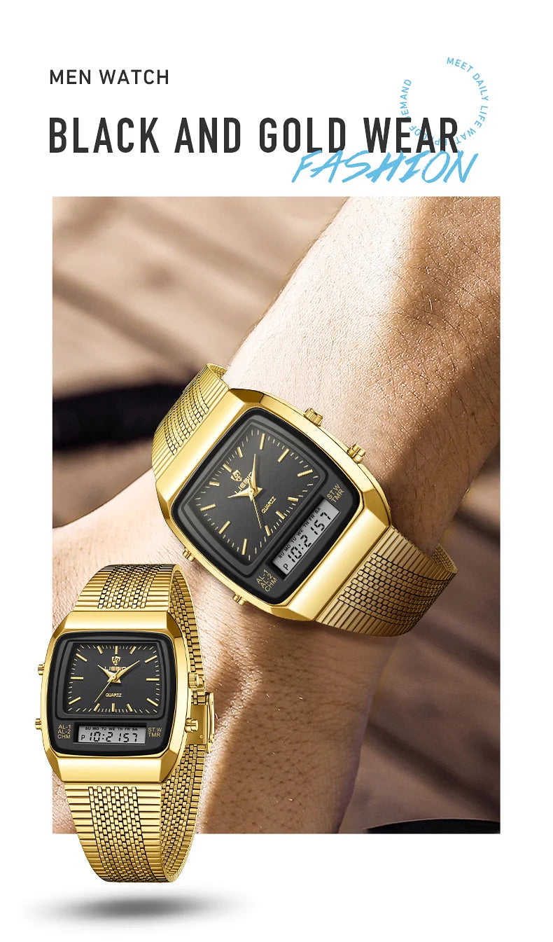 New Fashion Casual Watch Men Digital Dual Time Week Gold Sport 3bar Waterproof Quartz Wristwatches Clock relogio masculino L1030