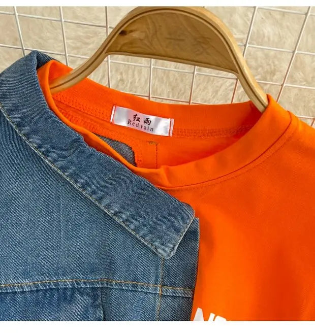 Retro Hong Kong Sle Chic Casual Mid-Length round Ne Patchwork Color Denim irt with Belt Spring New Women's Faion Top
