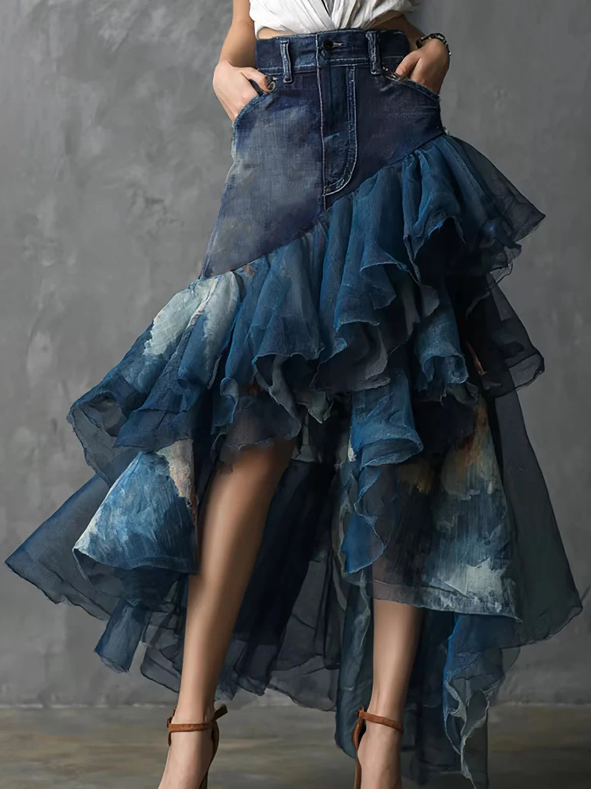 Women's Denim Patchwork Ruffle Maxi Skirt High Waisted Asymmetrical Sheer Tulle Layered Skirt For Female Fashion Outfits  Skirts