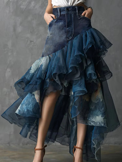 Women's Denim Patchwork Ruffle Maxi Skirt High Waisted Asymmetrical Sheer Tulle Layered Skirt For Female Fashion Outfits  Skirts