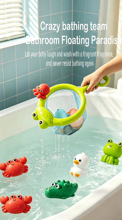 Frog Net Fishing Bath Toy Baby Floating Turtle Animal Squeeze Squeaky Pool Summer Splashing Water Toy Gift