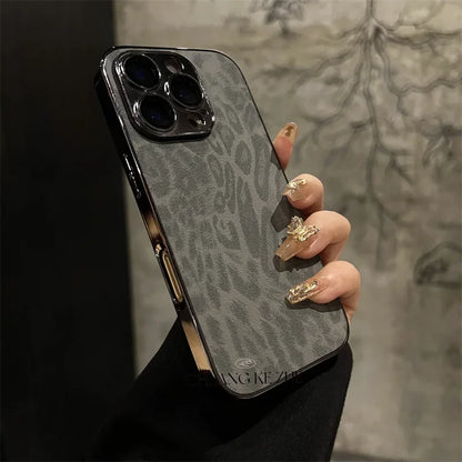 Luxury Plating Leopard Texture Leather Case For iPhone 17 16 15 14 Plus 13 12 11 Pro Max Lens Protection Shockproof  Cover Capa