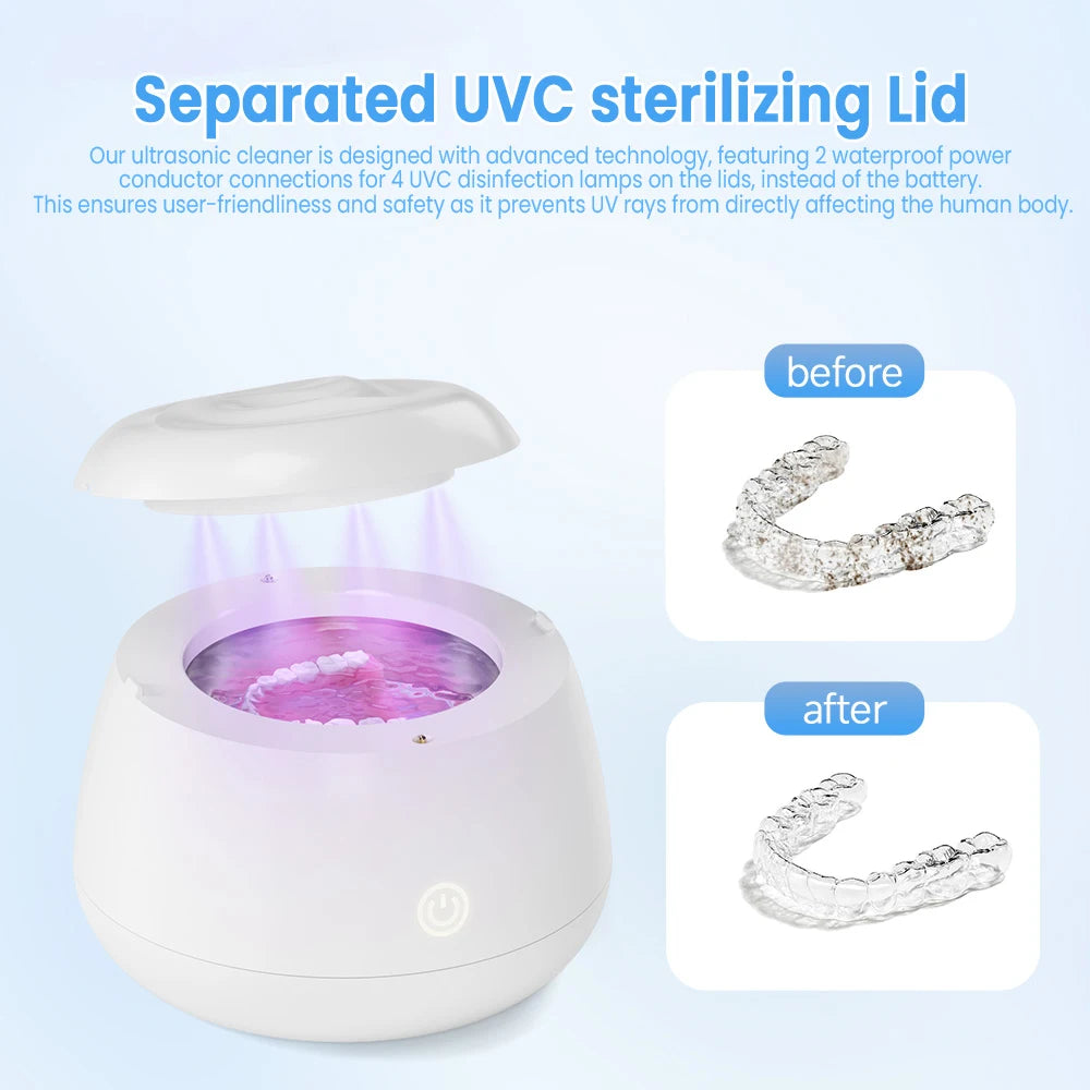 KUNPHY UV Light Ultrasonic Retainer Cleaner 200ML Denture Cleaner for Aligner Night Guard Braces Toothbrush Dental Appliances