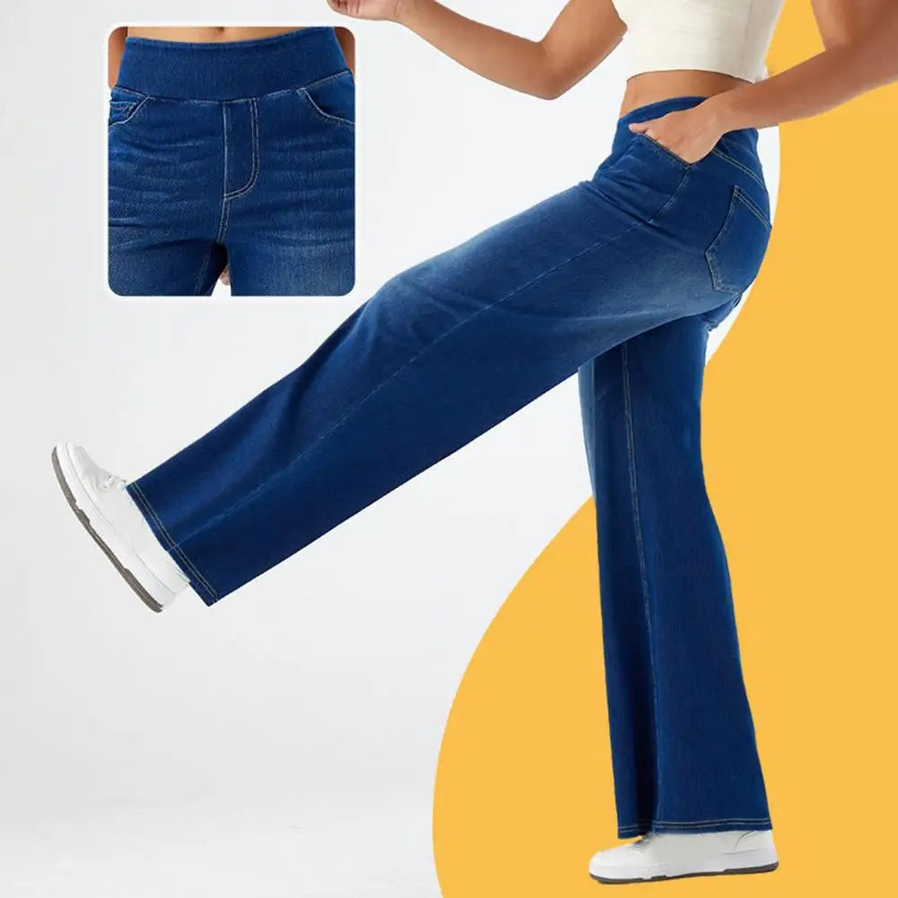 Women Jeans With Pockets Elastic High Waist Solid Color Full Length Pants Straight Wide Leg Trousers Sweatpant Daily Commuting