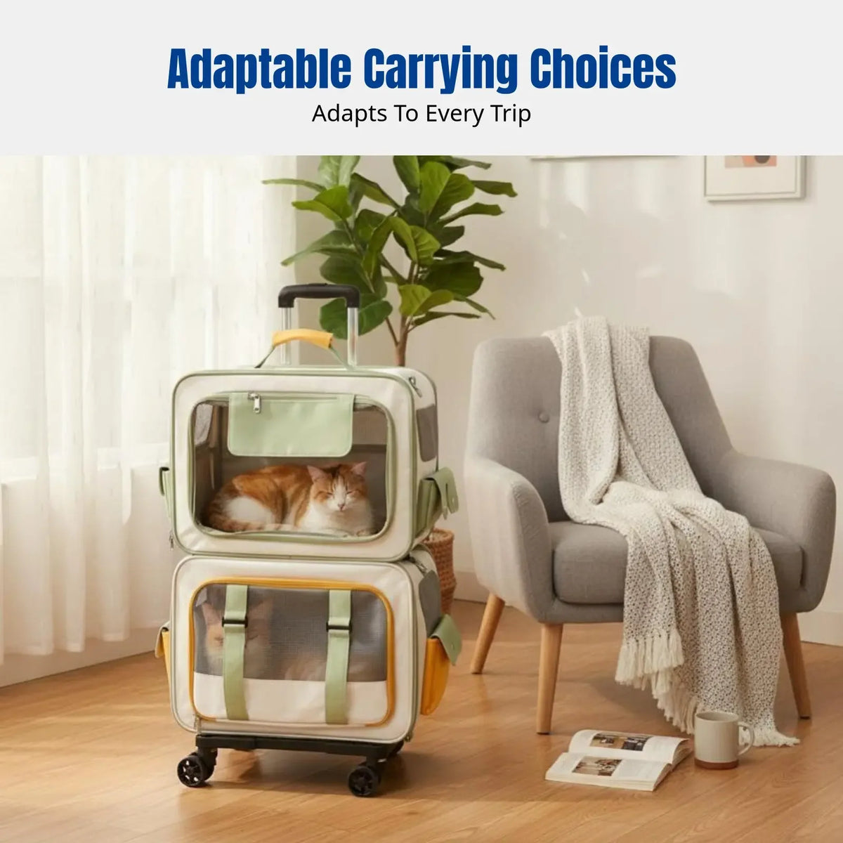 Home Cat Carrier Backpack, Dual-Compartment Pet Trolley, Spacious, Portable, Airline Travel Luggage for Multiple Cats and Dogs