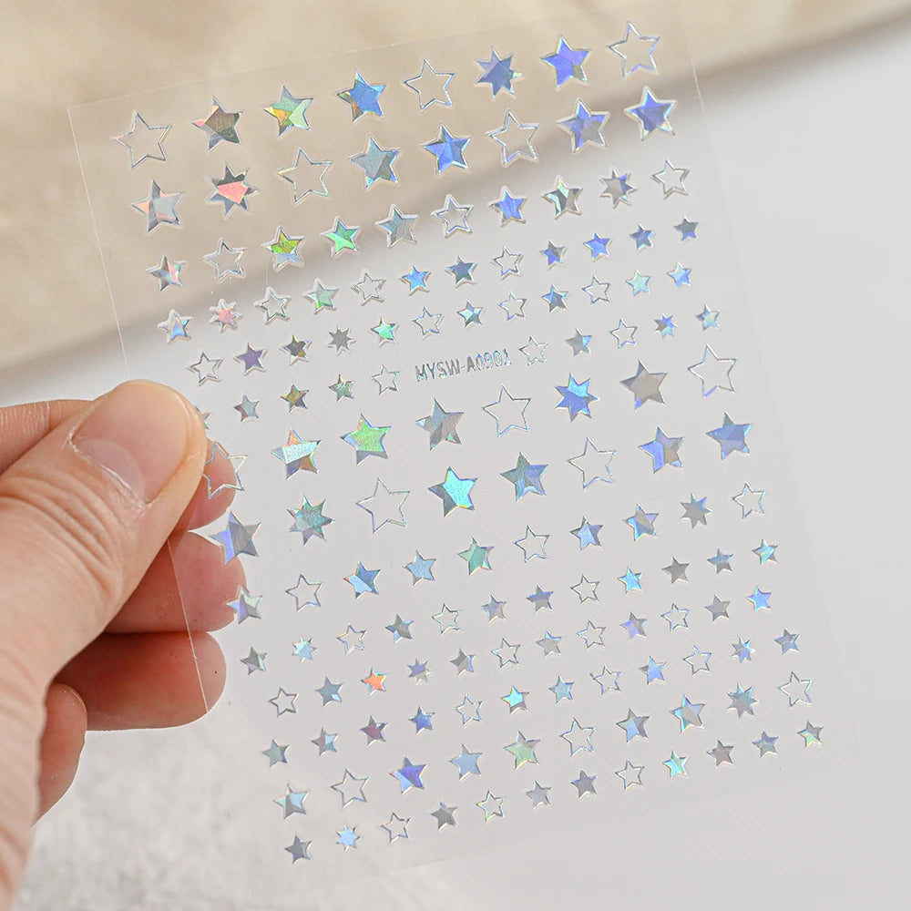 Black White Star 3D Nail Art Sticker Y2K Pentagram Self-Adhesive Decals Laser Shiny Glitters Starlight Manicure Ornaments Slider