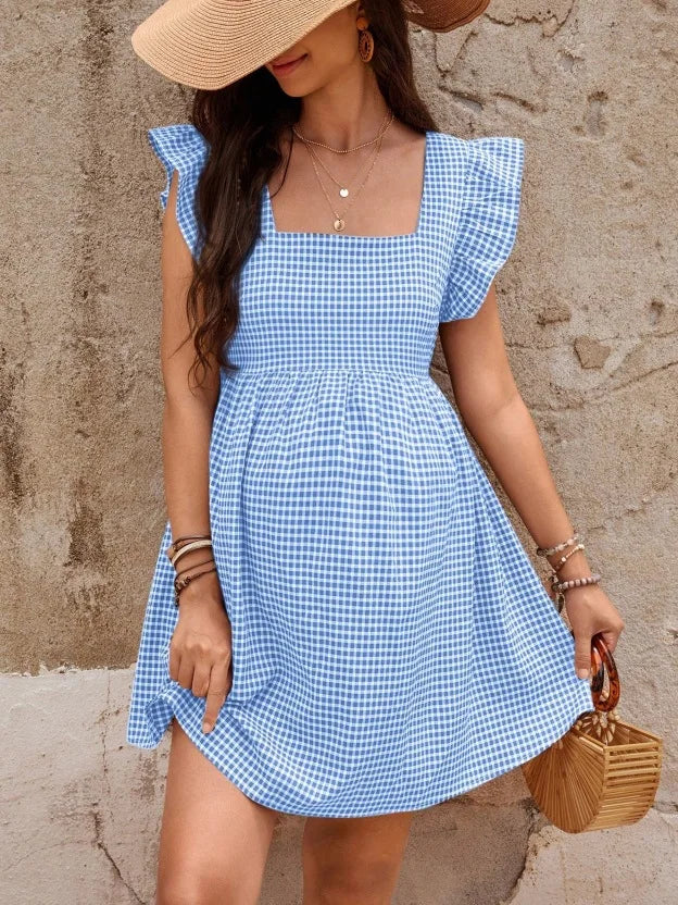 Dress for Pregnant Women 2025 Checkered Square Neck Women's Casual A-line Maternity Dress Short-sleeved Pregnancy Clothes