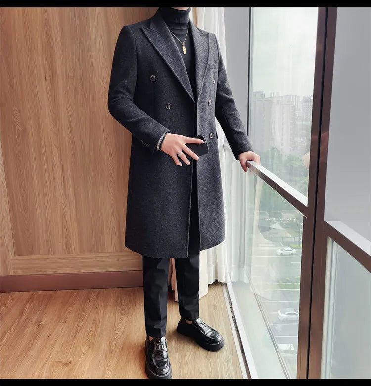Autumn Winter Vintage Men's Woolen Long Coat Fashion Lapel High Quality Double Breasted Formal Men Slim Fit WindBreaker Overcoat