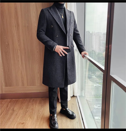 Autumn Winter Vintage Men's Woolen Long Coat Fashion Lapel High Quality Double Breasted Formal Men Slim Fit WindBreaker Overcoat