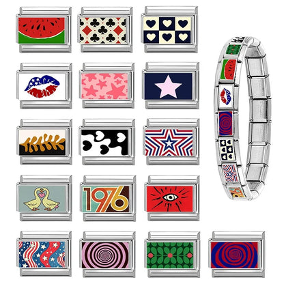 2026 Women Colored Star 1976 Eyes Heart Swan Watermelon Charms Italian Links Fit 9mm Bracelet Stainless Steel DIY Making Jewelry