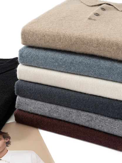 ANGEL 2024 Men's New POLO Shirt 100% Cashmere Knitted Pullover Solid Color Sweater Fall Winter Casual Business Office Jacket