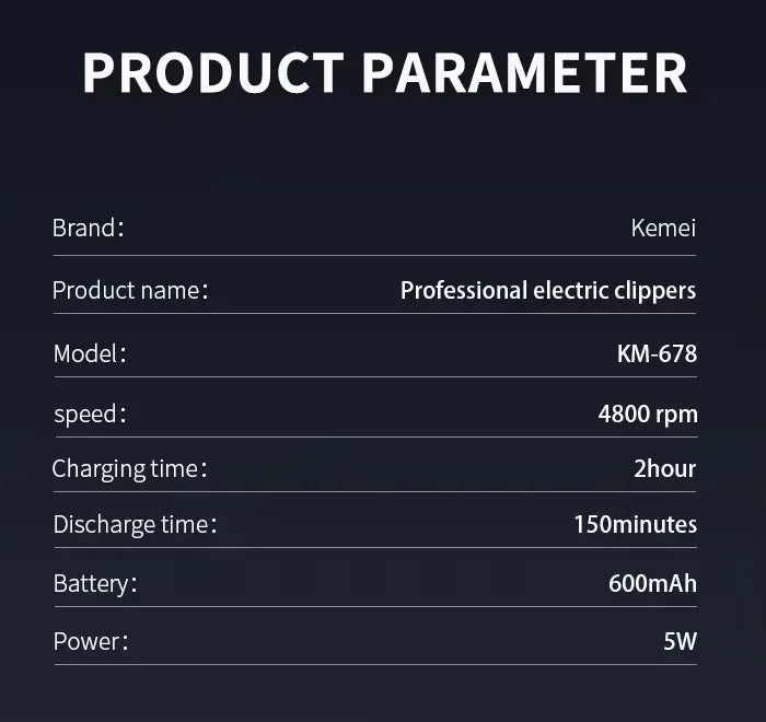 Kemei KM-2628 KM-678 KM-2024 USB Rechargeable Hair Clipper Professional Cordless Men Hair Trimmer Men's Hair Cutting Machine