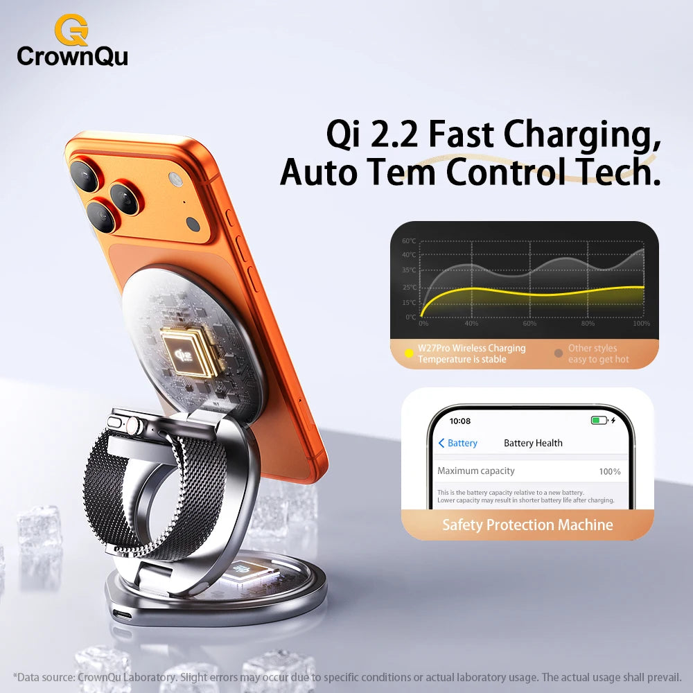 Protable 25W Metal Wireless Charger Qi2.2 Fast Charging Station Stand 360° Rotation for iPhone 17 16 15 14 Pro Max Watch Airpods