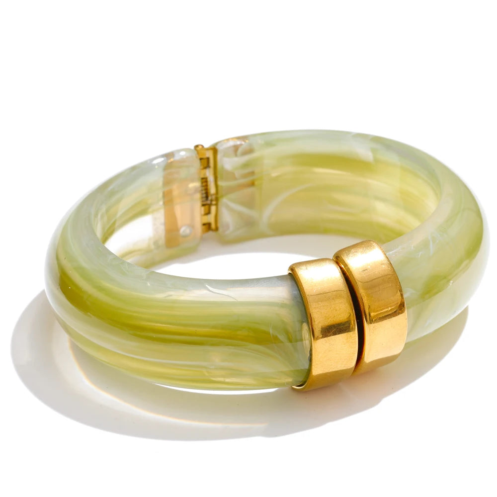Yhpup 66mm Green Pink Brown Purple Acrylic Thick Bracelet Bangle for Women Stainless Steel Arrivals 2025 Wrist Jewelry Gift