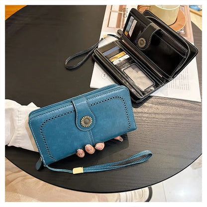 Vintage Hollow PU Long Wrist Wallet, Multi Card Slots Snap Zipper Ladies Purse For ID Cards Cash Bank Cards