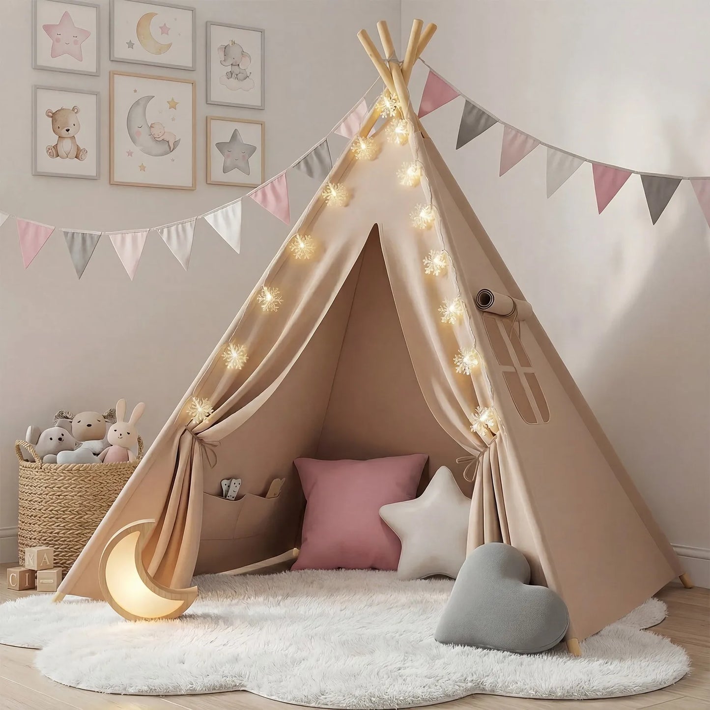 Foldable Teepee Tent with Cusions Mats LED Star String Lights, Portable Play Tent for Indoor/Outdoor Garden Playhouse Adventures
