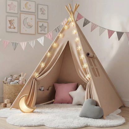 Foldable Teepee Tent with Cusions Mats LED Star String Lights, Portable Play Tent for Indoor/Outdoor Garden Playhouse Adventures