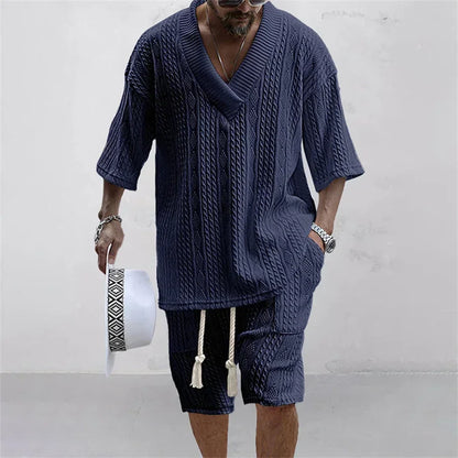 Men Shorts Set Summer Casual Knitted Two Piece Men's Clothing V-Neck Short Sleeve T-shirt and Shorts Streetwear Knit Outfits
