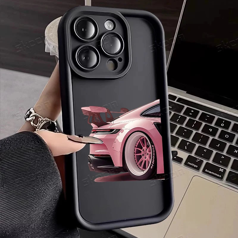 Fashion Pink Car Pattern Silicone Phone Case For iPhone 17 16 15 14 13 12 11 Pro Max 17 Air XS XR 7 8 Plus 16e Shockproof Cover