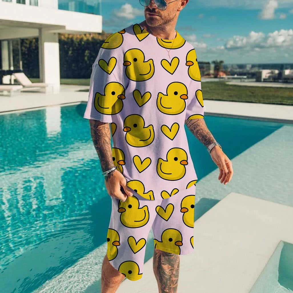 Cute duck 3D printed T-shirt shorts set for men's casual fashion loose short sleeved T-shirt pants set for men's lightweight and