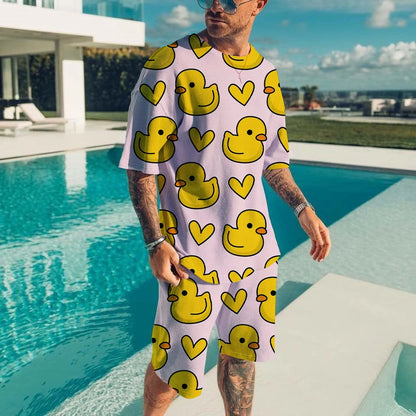 Cute duck 3D printed T-shirt shorts set for men's casual fashion loose short sleeved T-shirt pants set for men's lightweight and