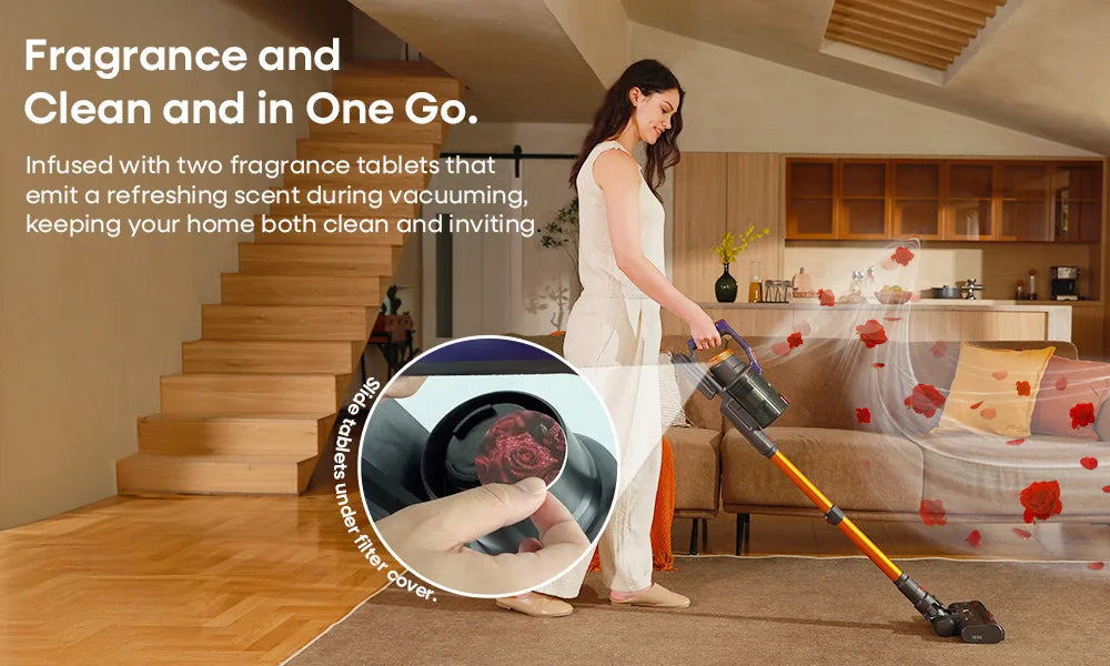 Erabros EV7 Cordless Vacuum Cleaner 70KPa 550W Handheld Stick Vacuum, 70Min Runtime, with Charging Storage Base, Anti-Tangle Brush, with Aroma Design, Powerful Cordless Vacuum Cleaner for Home Clean Carpet Hard Floor Pet Hair