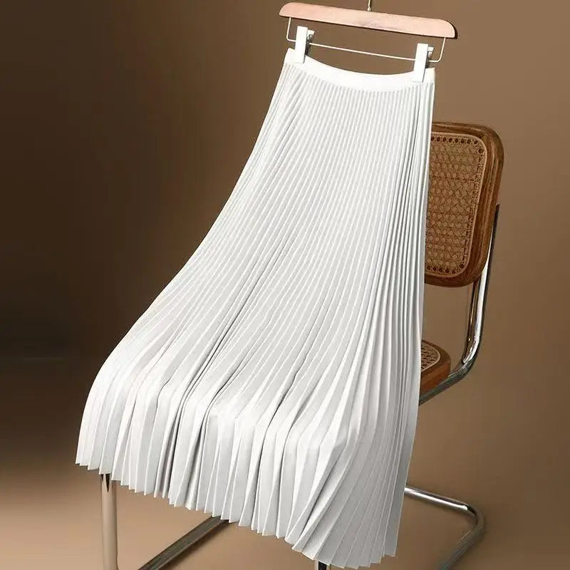 Women Summer Solid Pleated Satin Long Skirt Korean New Fashion Ladies Work Casual Elastic High Waist A Line Party Loose Skirts