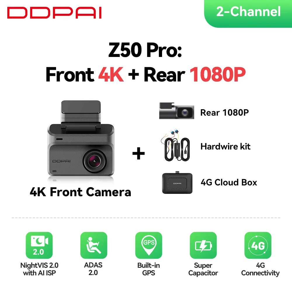 DDPAI Dash Cam Z50 Pro 4K HDR + 1080P Car DVR Night Vision Wi-Fi 6 GPS ADAS 24h Parking Monitor Front and Rear Camera Dashcam
