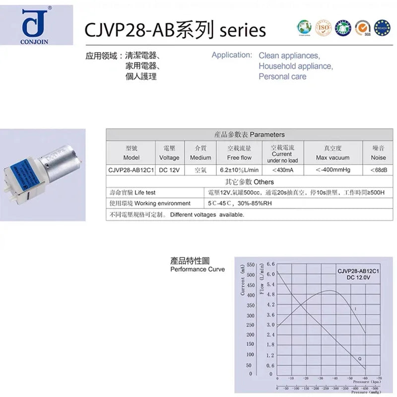 CONJOIN CJVP28-AB12C Mini DC 12V Vacuum Pump Micro 370 Motor Air Suction Pump Negative Pressure Pump DIY Robot Sweeper Cleaner
