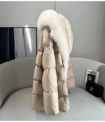 High end Faux Fox fur detachable Large Lapel fur Down Jacket For women 2025 Winter New Medium long Loose White goose Down Coats