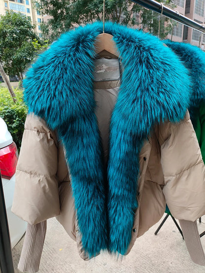 Oversized Winter Warm Real Fox Fur Collar Black Down Coat Women Puffer Outerwear Jackets 2024 Autumn Winter