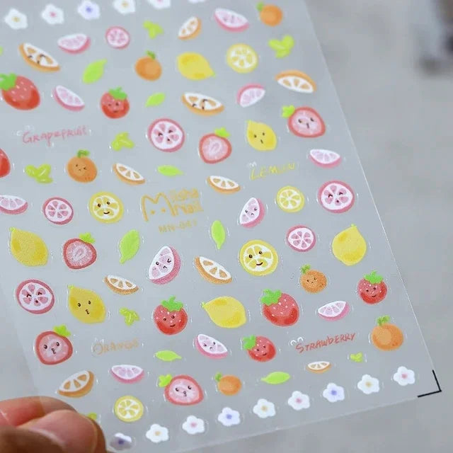 Fresh Sweet Fruits Strawberry Cherry Bowknot Love Heart Lemon 5D Nail Art Stickers Self Adhesive Decorations Nail Manicure Decal